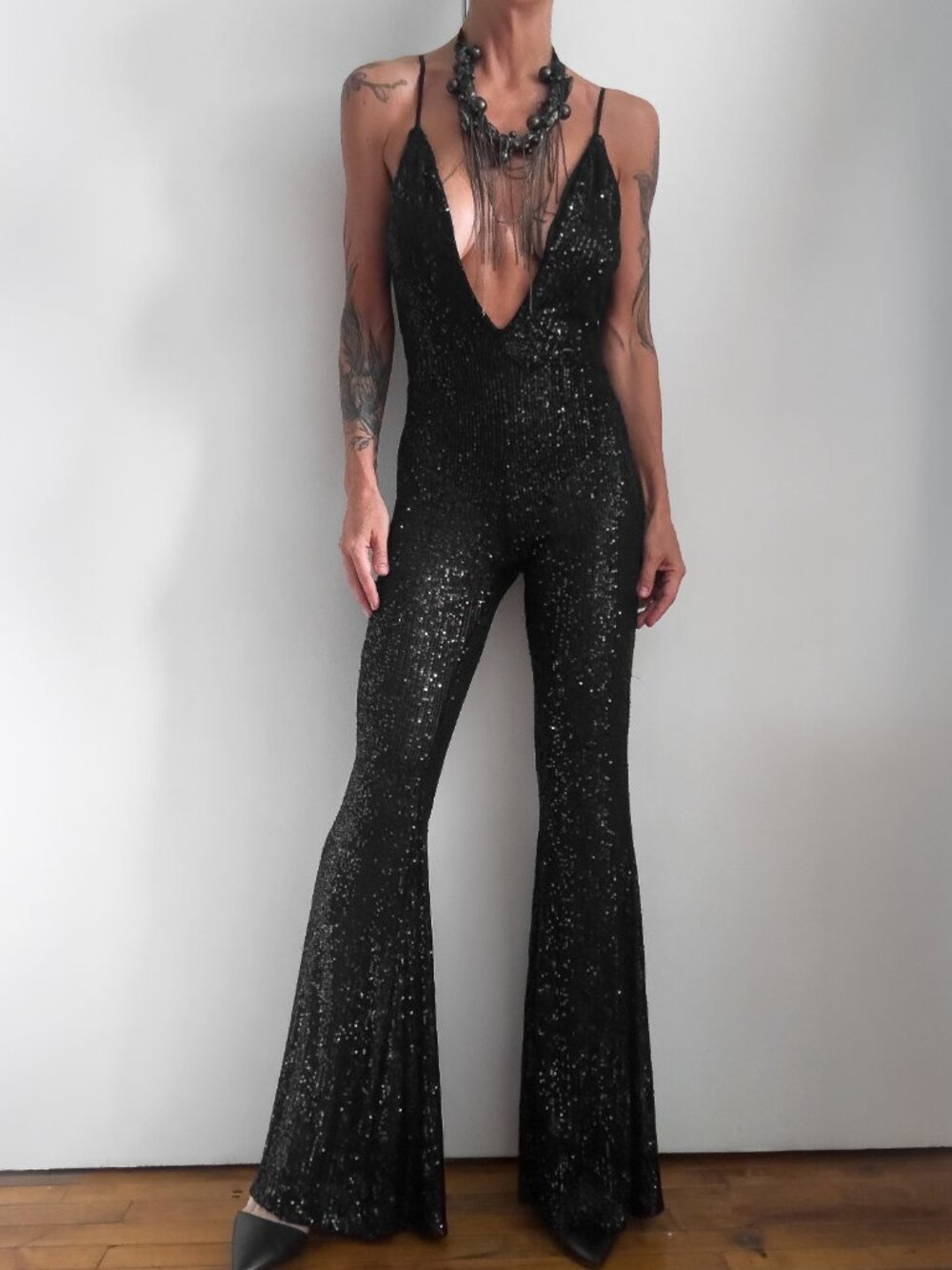 Black Sequin Deep V Flare Leg Jumpsuit Size Small